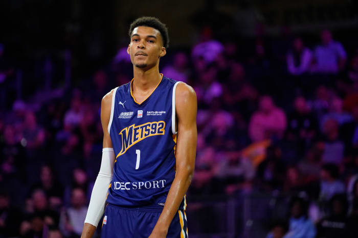 Victor Wembanyama looks on during a game.